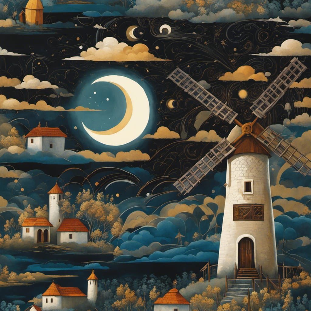 Ukrainian Windmill in Moonlight: Rococo Gothic Style