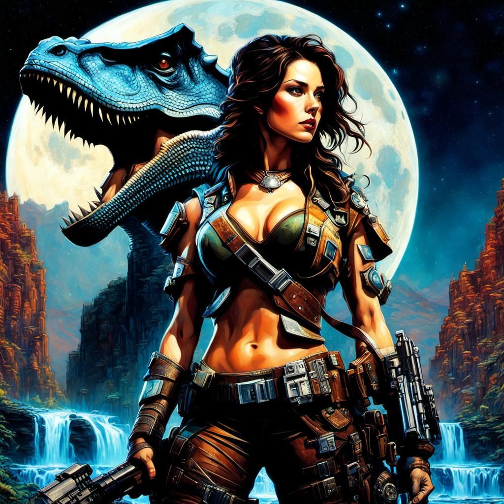 Futuristic Dinosaur Hunter Pin-Up with Broken Moon