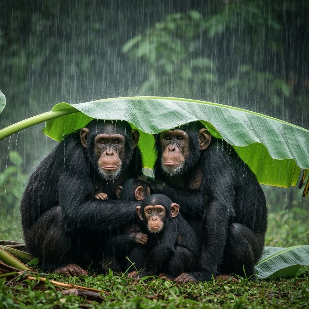 Chimpanzee Family Sheltering from Rain