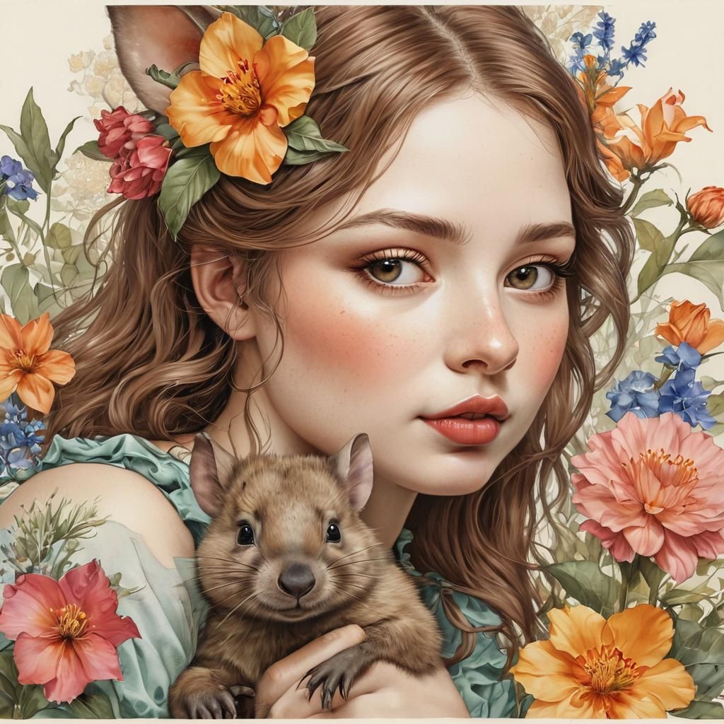 Girl and Wombat in Whimsical Fantasy Scene