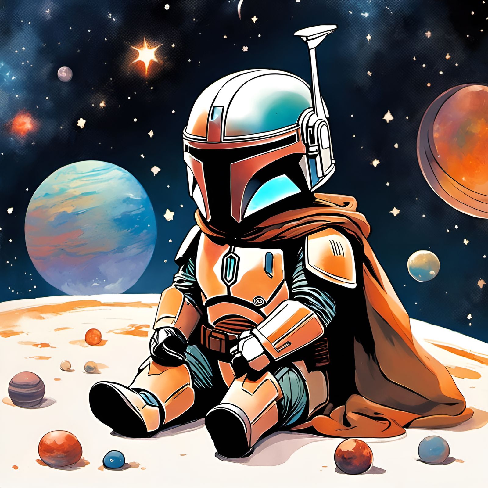Adorable Chibi Mandalorian Baby Among the Stars
