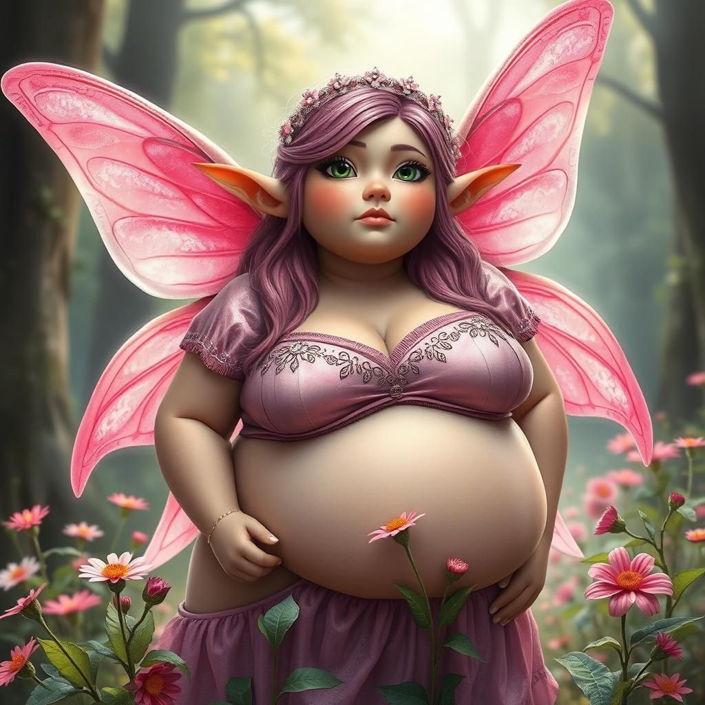 Super Realistic Obese Fairy Picking Flowers
