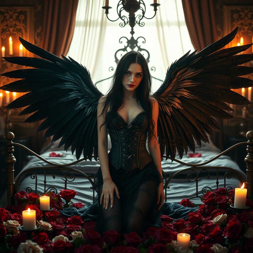 Dark Angel in Gothic Bedroom of Roses and Candlelight
