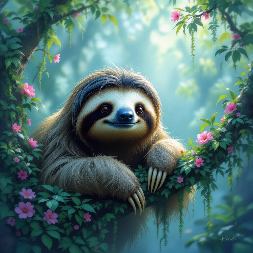 Ethereal Sloth in Misty Fantasy Landscape