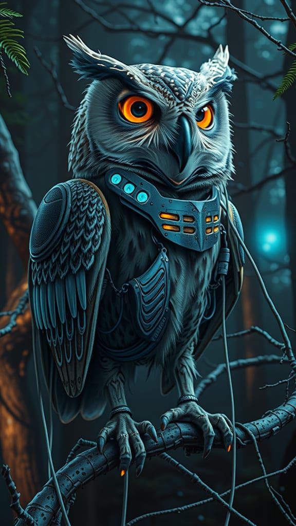Cybernetic Owl in Bioluminescent Forest, Sci-Fi Art
