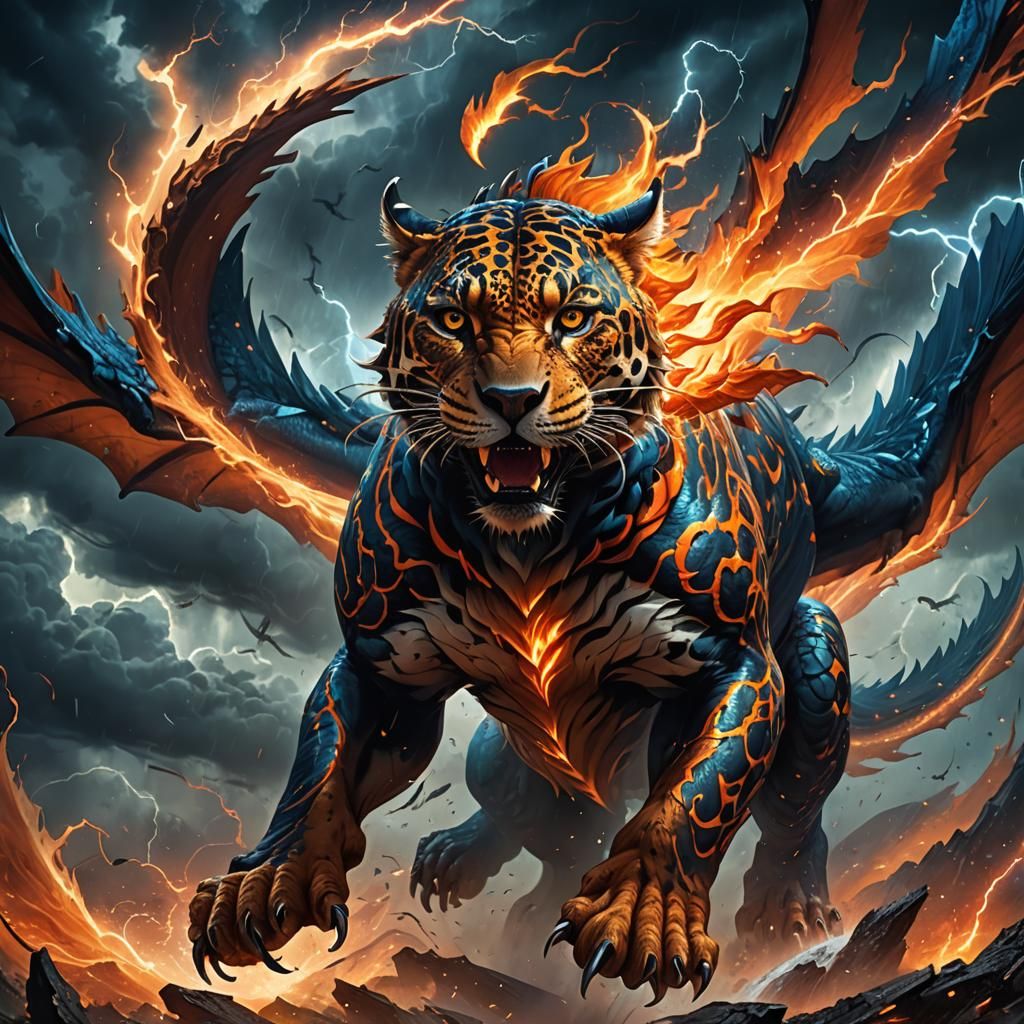 Jaguar Dragon Soaring Through Tornado, Fantasy Art