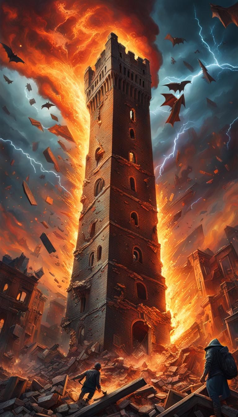 Tarot Card: Tower Falling in Horror Film Style