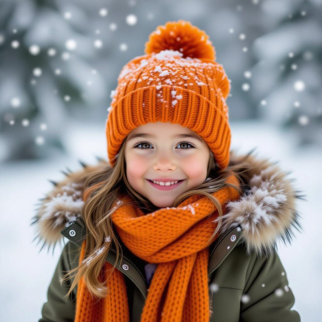 Joyful Girl in Snowy Winter Scene with Orange Beanie