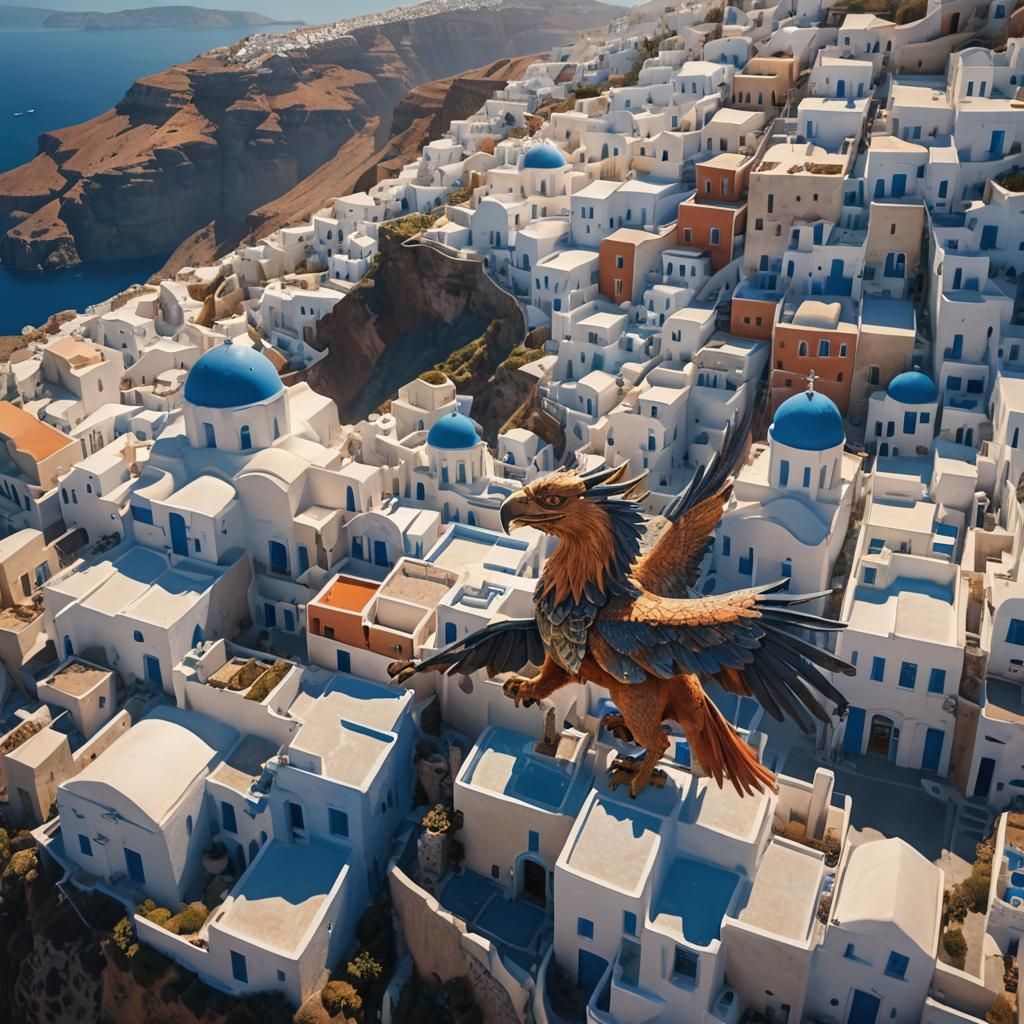 Griffin Soaring Above Santorini: Fantasy Matte Painting