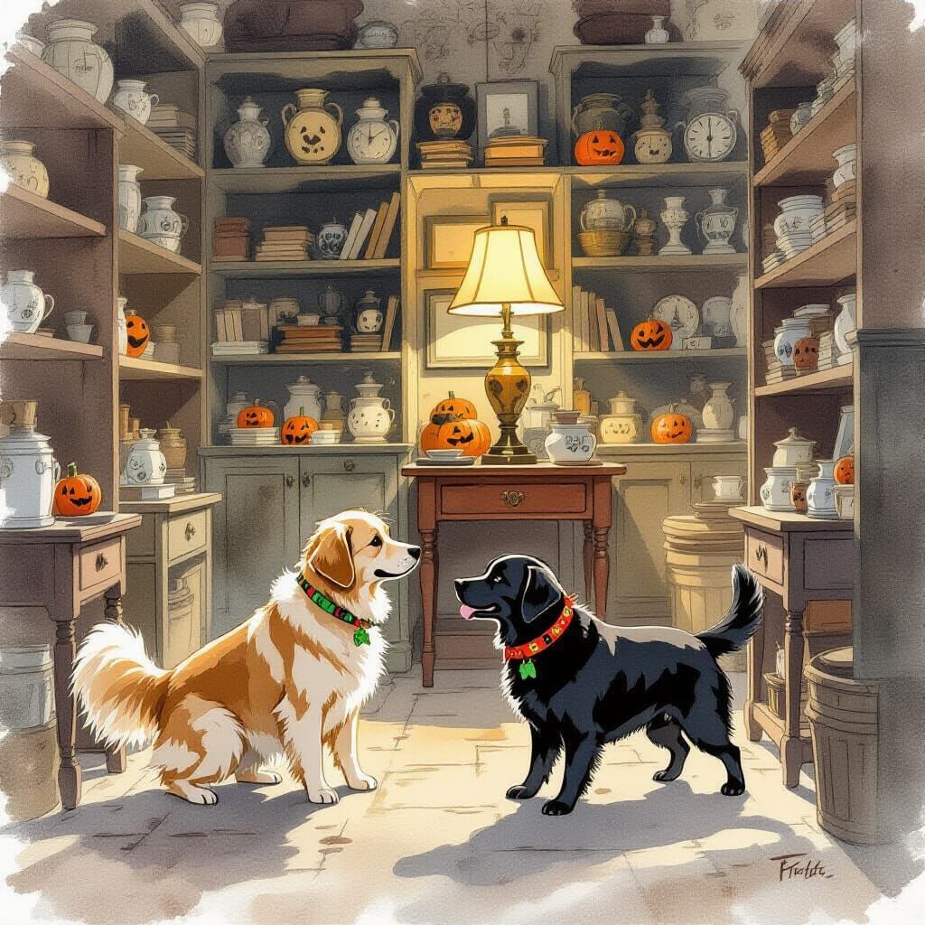 Golden Retriever & Black Lab in Antique Shop