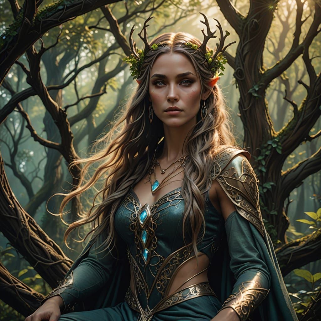 Elven Queen on Forest Throne: Hyperrealistic Art