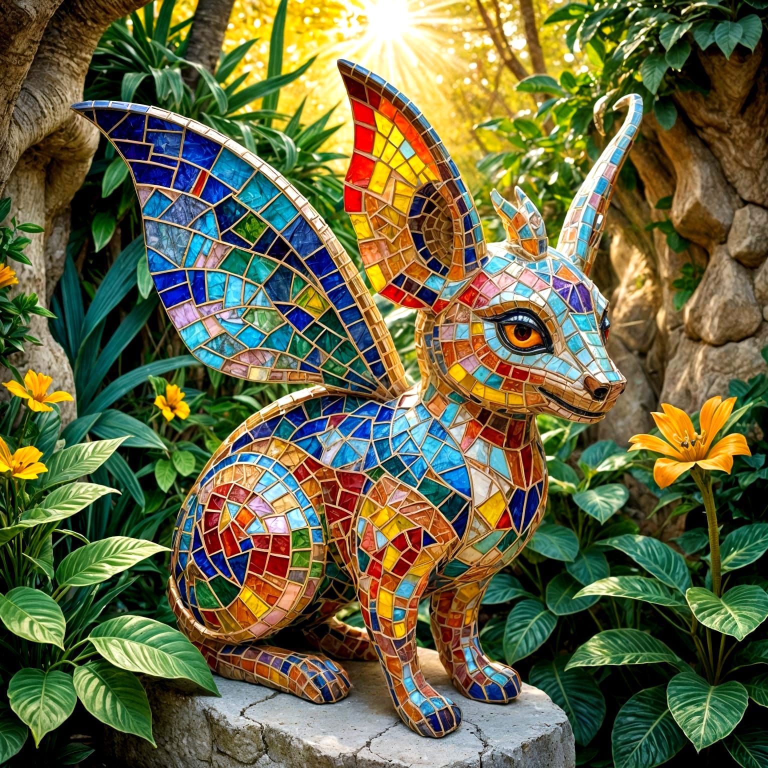 Whimsical Mosaic Creature in Vibrant, Colorful Art