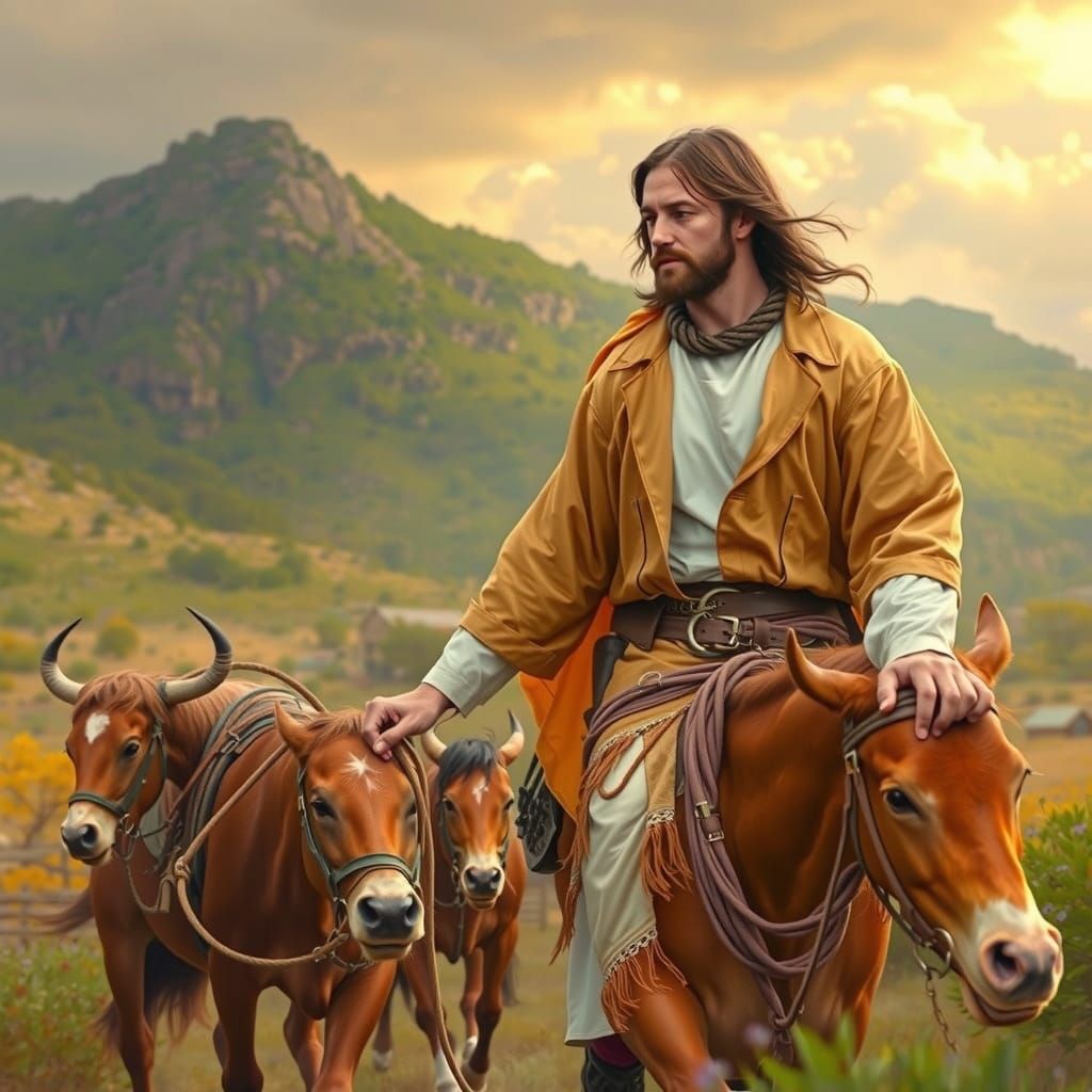 Jesus as Cowboy Lassoing Horses, Western Art Style
