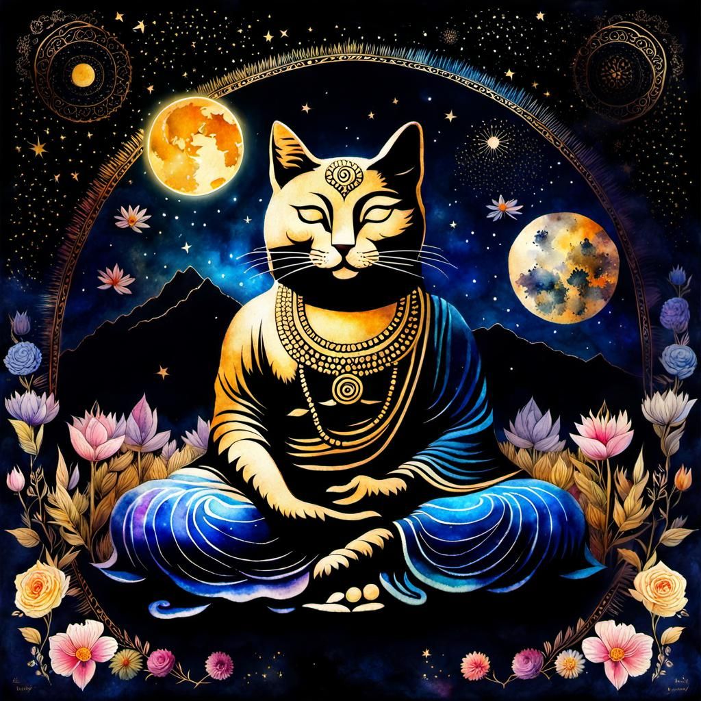 Watercolor Buddha Cat in Celestial Field