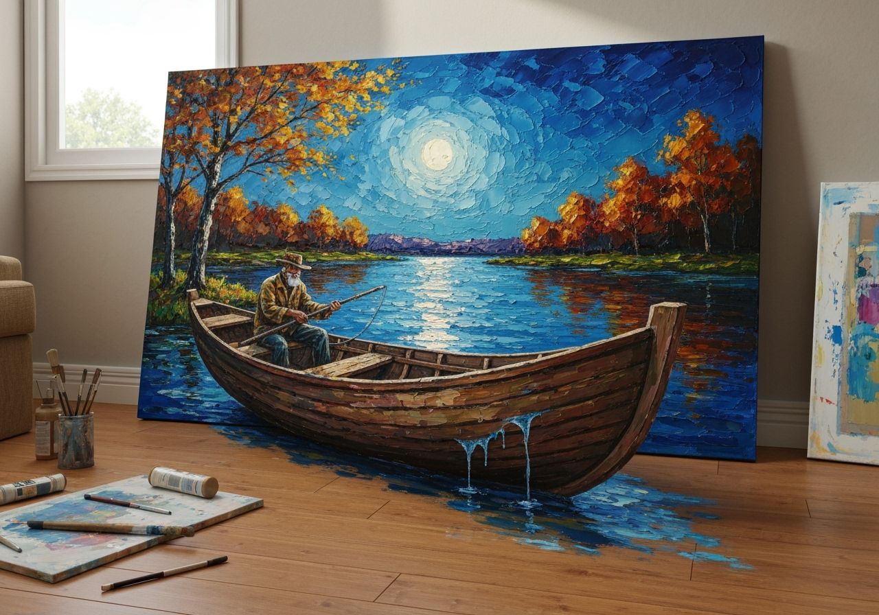 Impasto Oil Painting of Moonlit River with Fisherman
