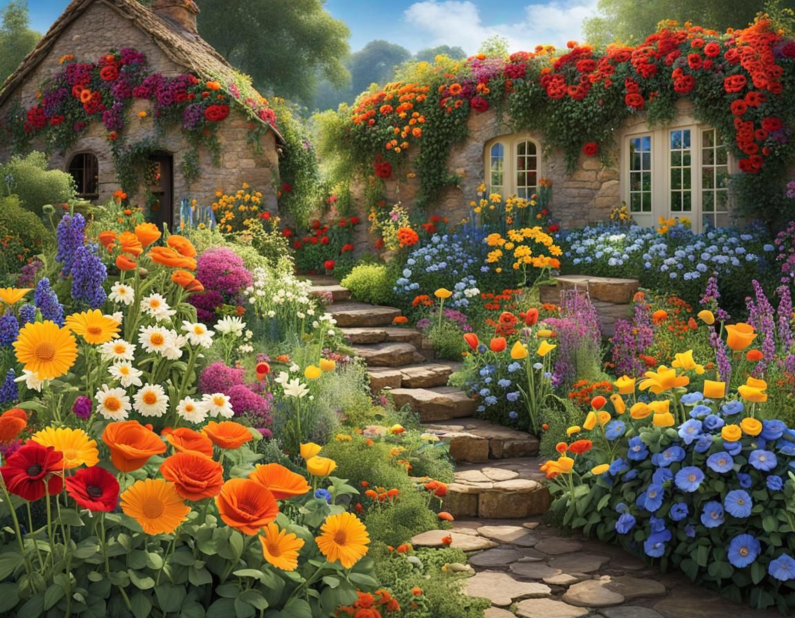 Utopian Flower Garden with Cottage, as Oil Painting