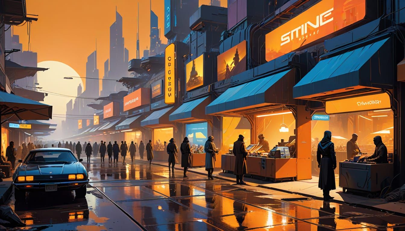 Futuristic Desert City Marketplace at Sunset