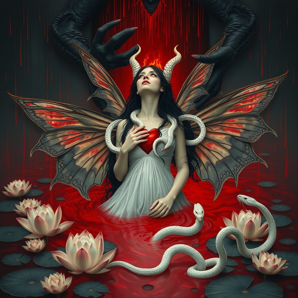 Ethereal Gothic Woman with Snakes and Burning Horns