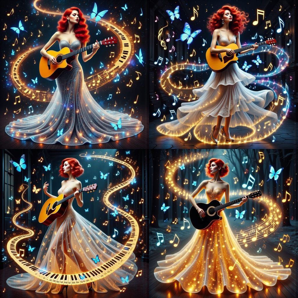 A Luminescent Fantasy Art of a Red-Headed Woman in Music Not...