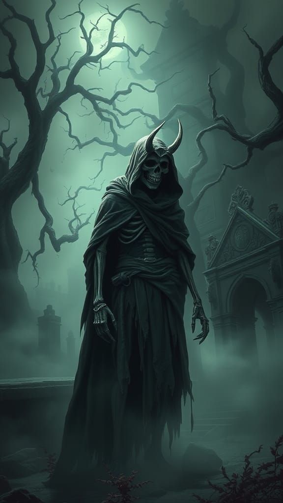 Undead Demon Skeleton in Gothic Mausoleum