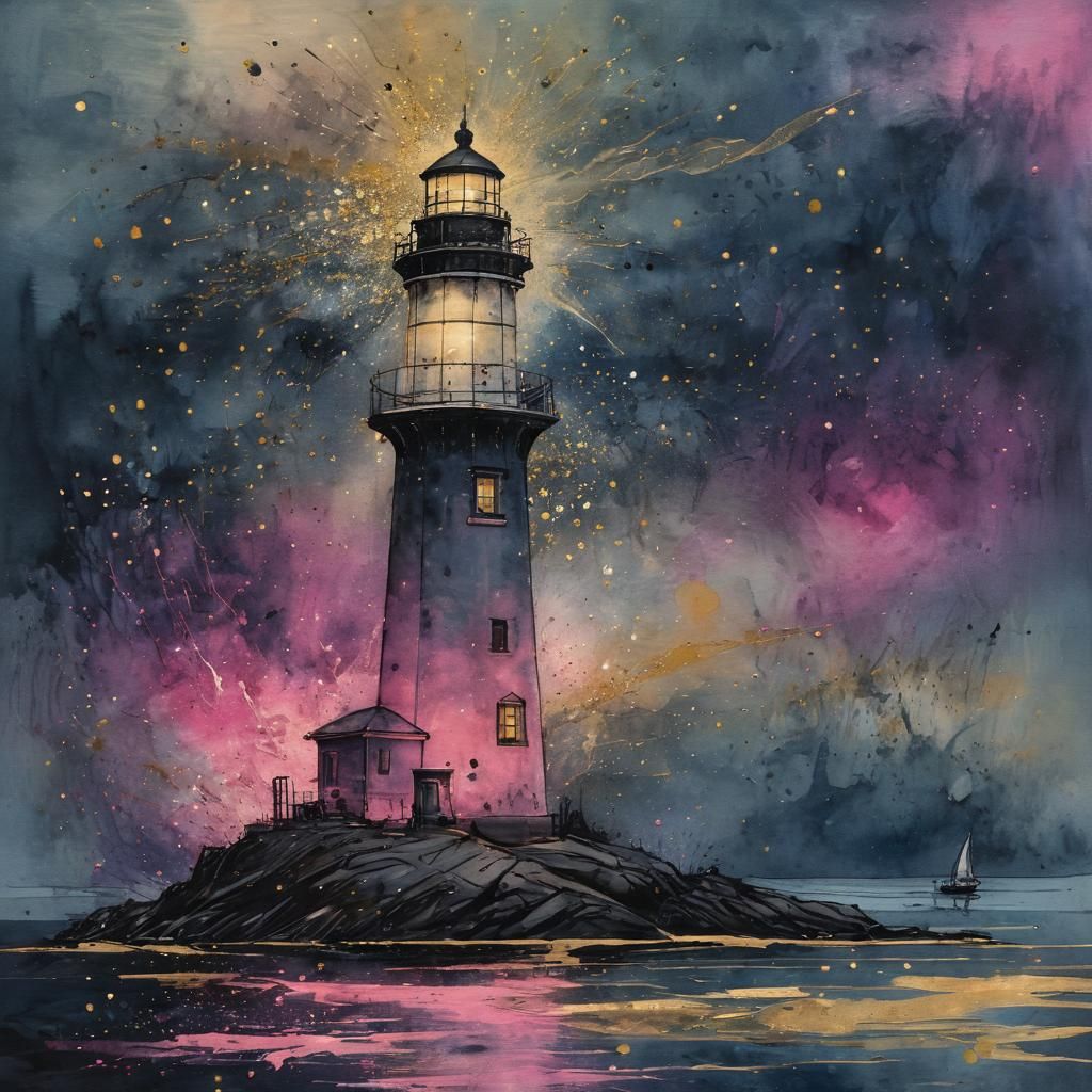 Lighthouse in Encaustic Surreal Watercolor Night