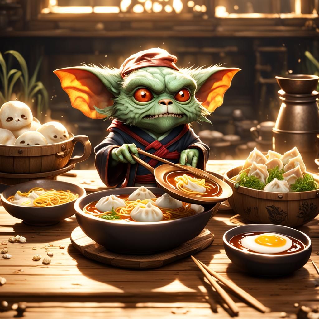 Adorable Gremlin Critter's Ramen Feast: Detailed Matte Paint...