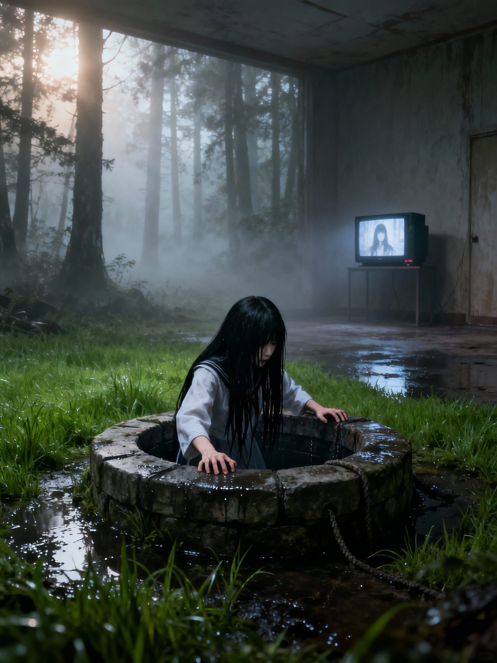Sadako Yamamura Emerging From Well in Gritty Horror Style