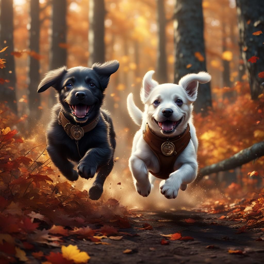 Puppies Play in Autumn Forest: Fantasy Concept Art