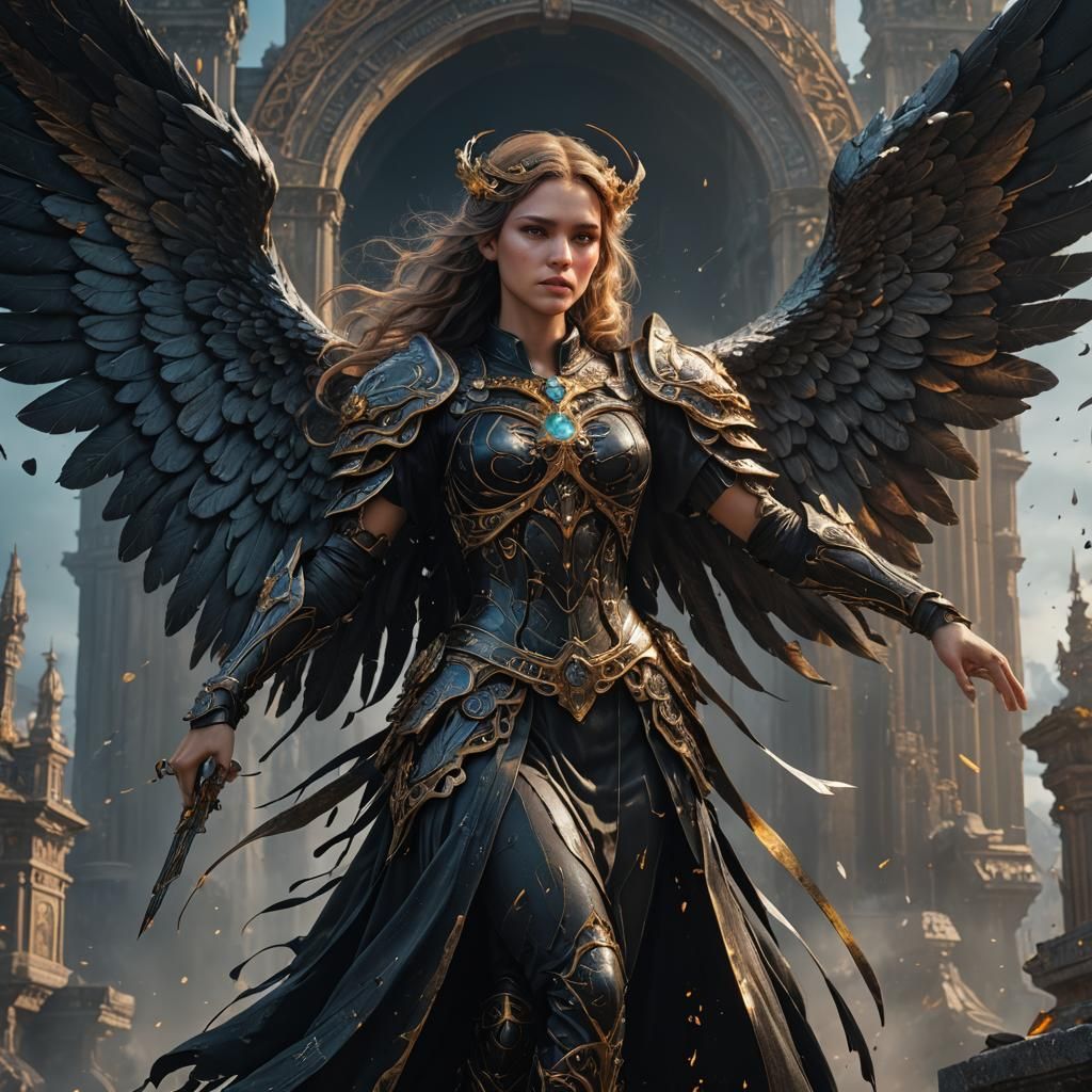 Female Angel in Black: Detailed Matte Painting