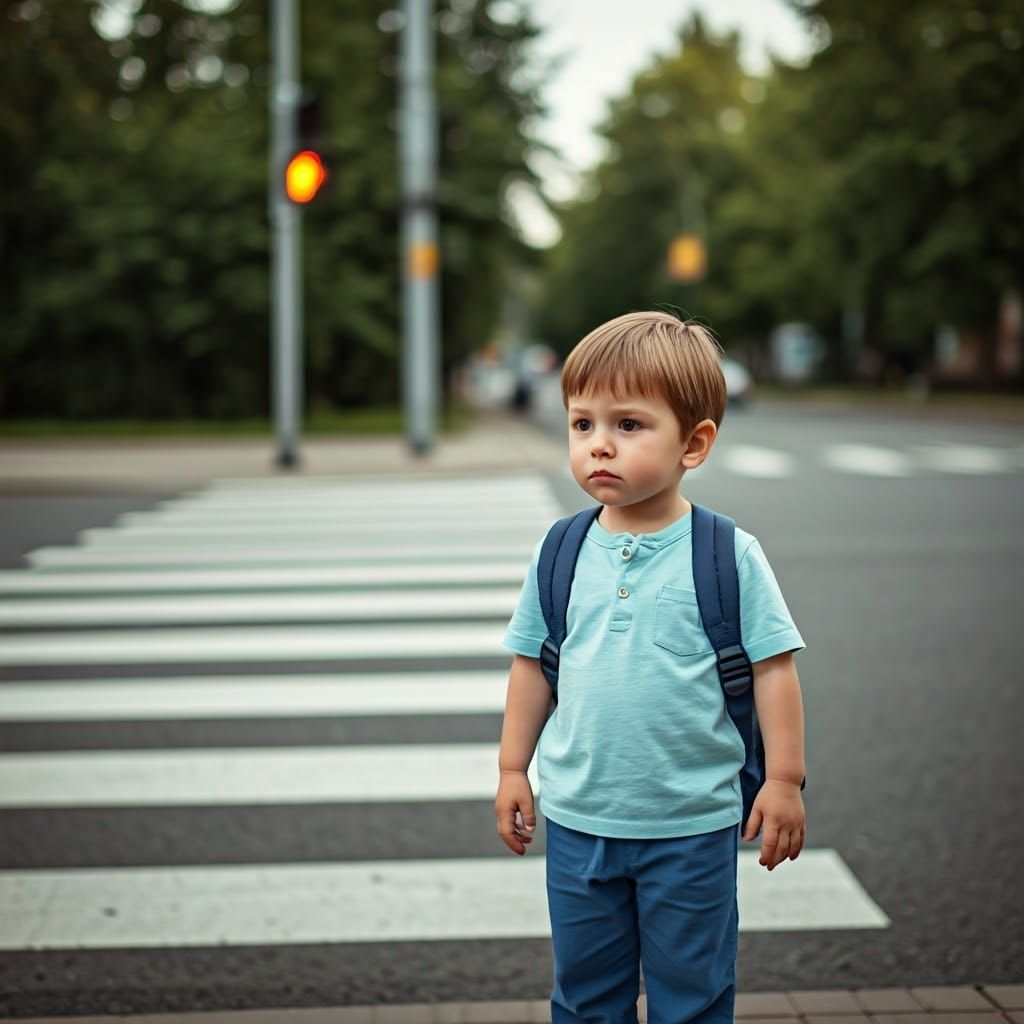 Boy at Crosswalk in Cinematic Lighting