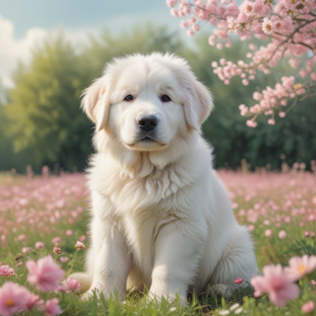 Great Pyrenees puppy sitting in a field of pink flowers