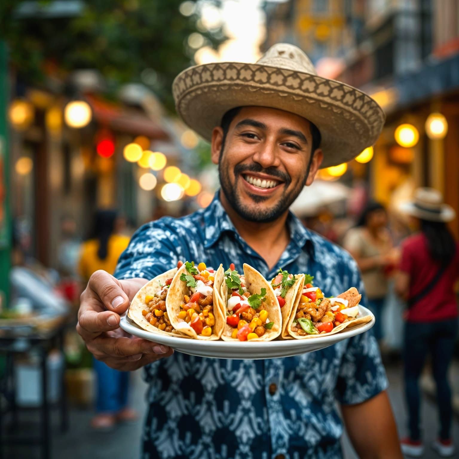 Happy Man Offers Tacos in Mexican Street Scene
