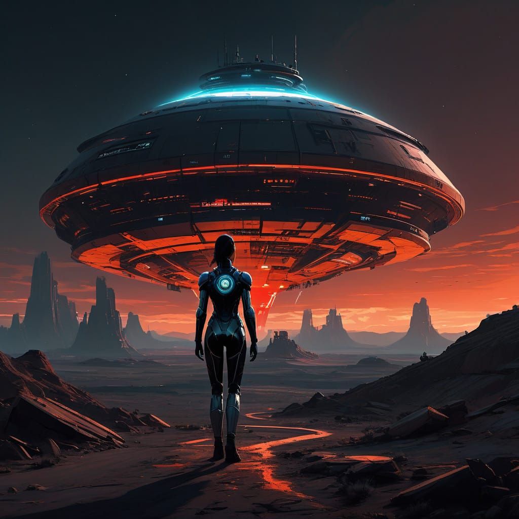 Female Model Standing Under a UFO on Mars in Cyberpunk Style