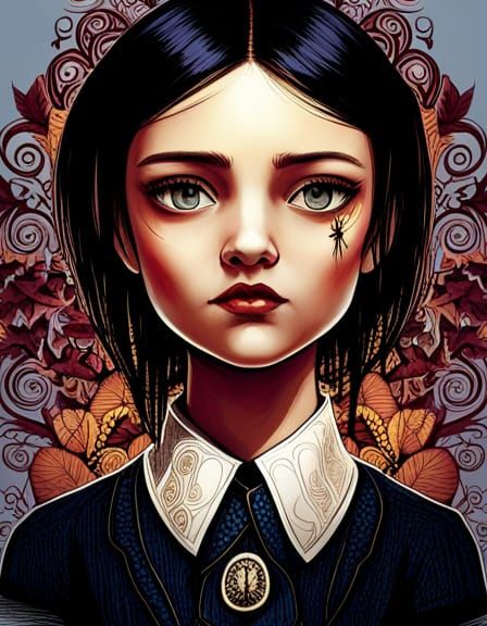 Wednesday Addams Portrait with Golden Outlines