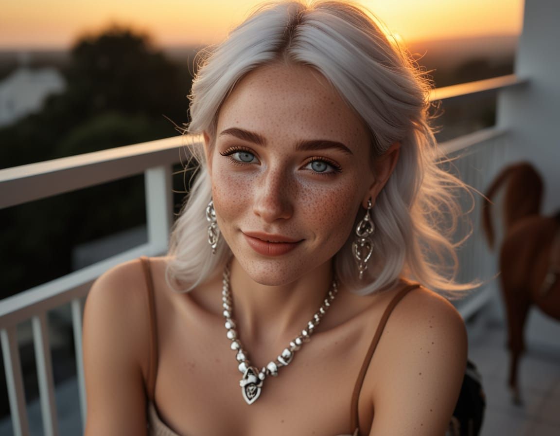 Realistic Portrait of a Freckled Elf Woman at Sunset