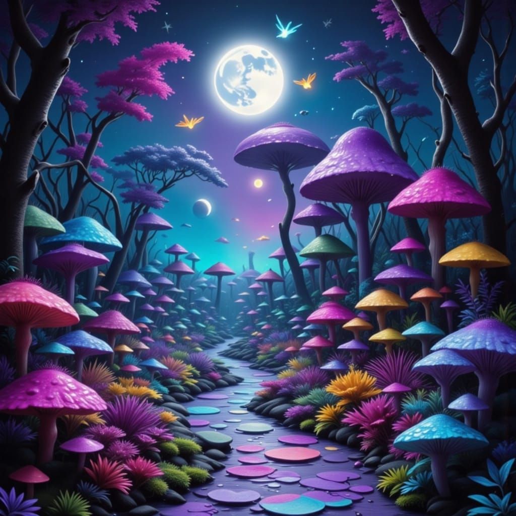 Bioluminescent Jungle Nightscape with Ethereal Creatures