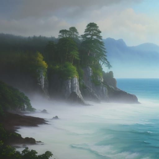 Gouache Forest Landscape by the Sea, Impasto Masterpiece