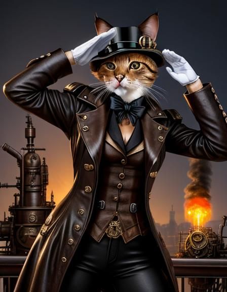 Steampunk Cat Saluting the Engine