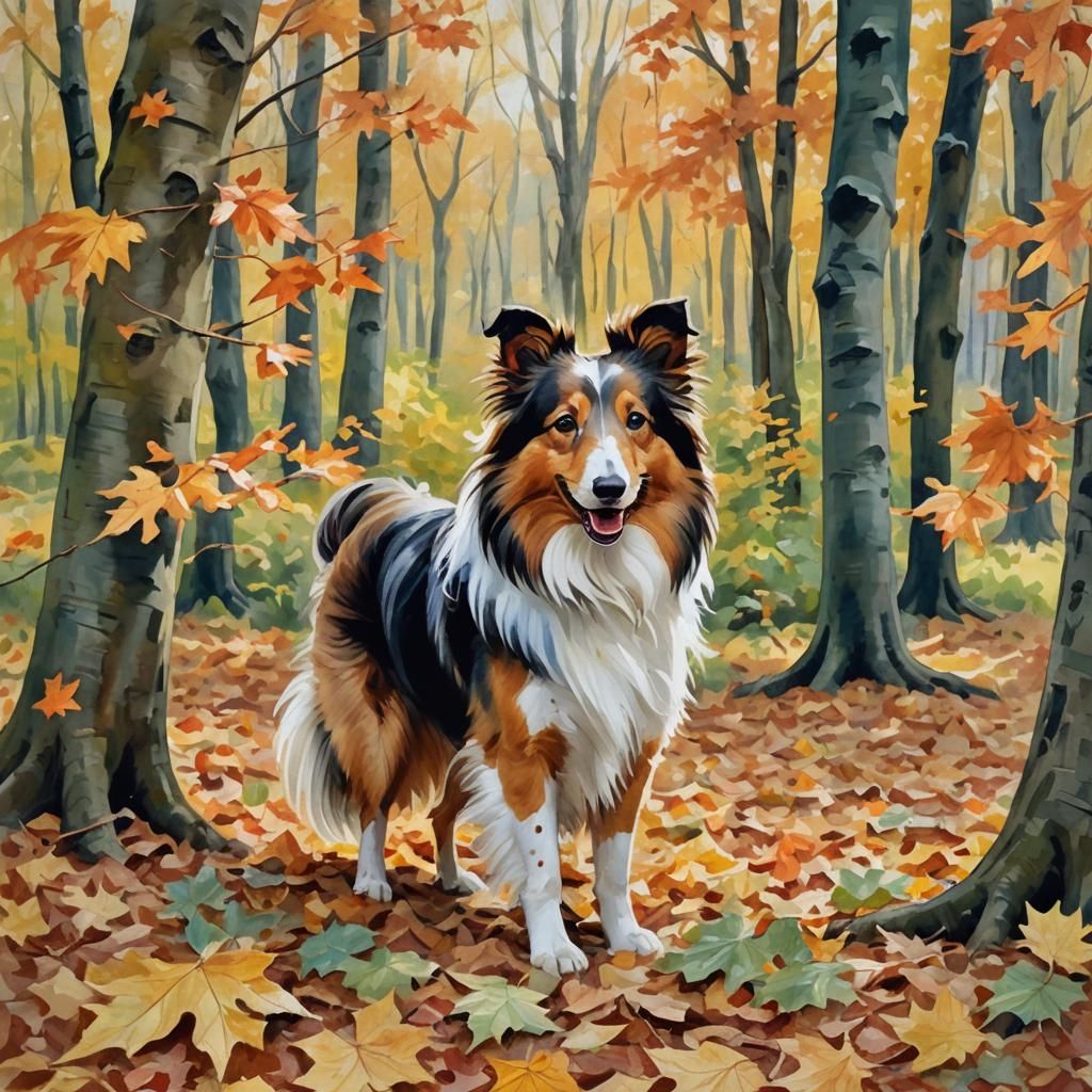 Sheltie in Autumn Forest, Impressionist Gouache Painting