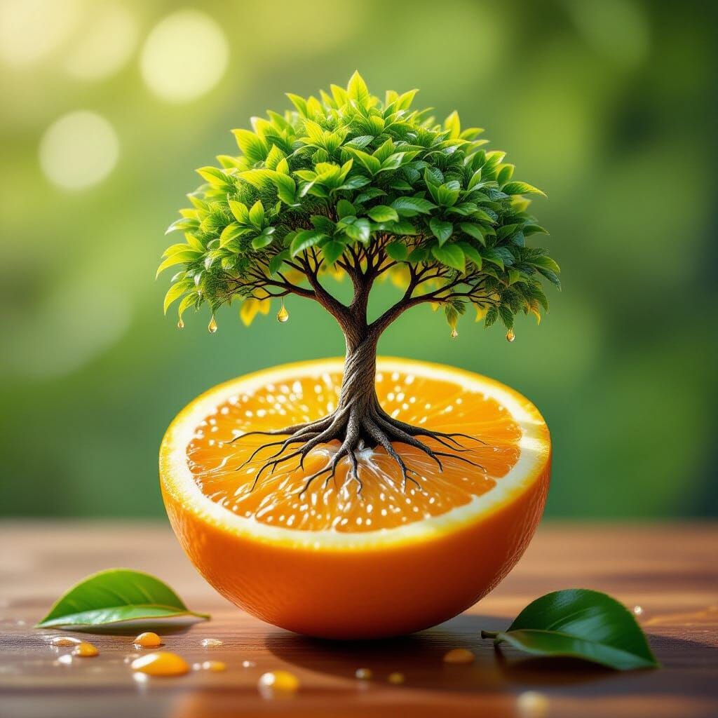 Vibrant Tree Grows From Split Orange