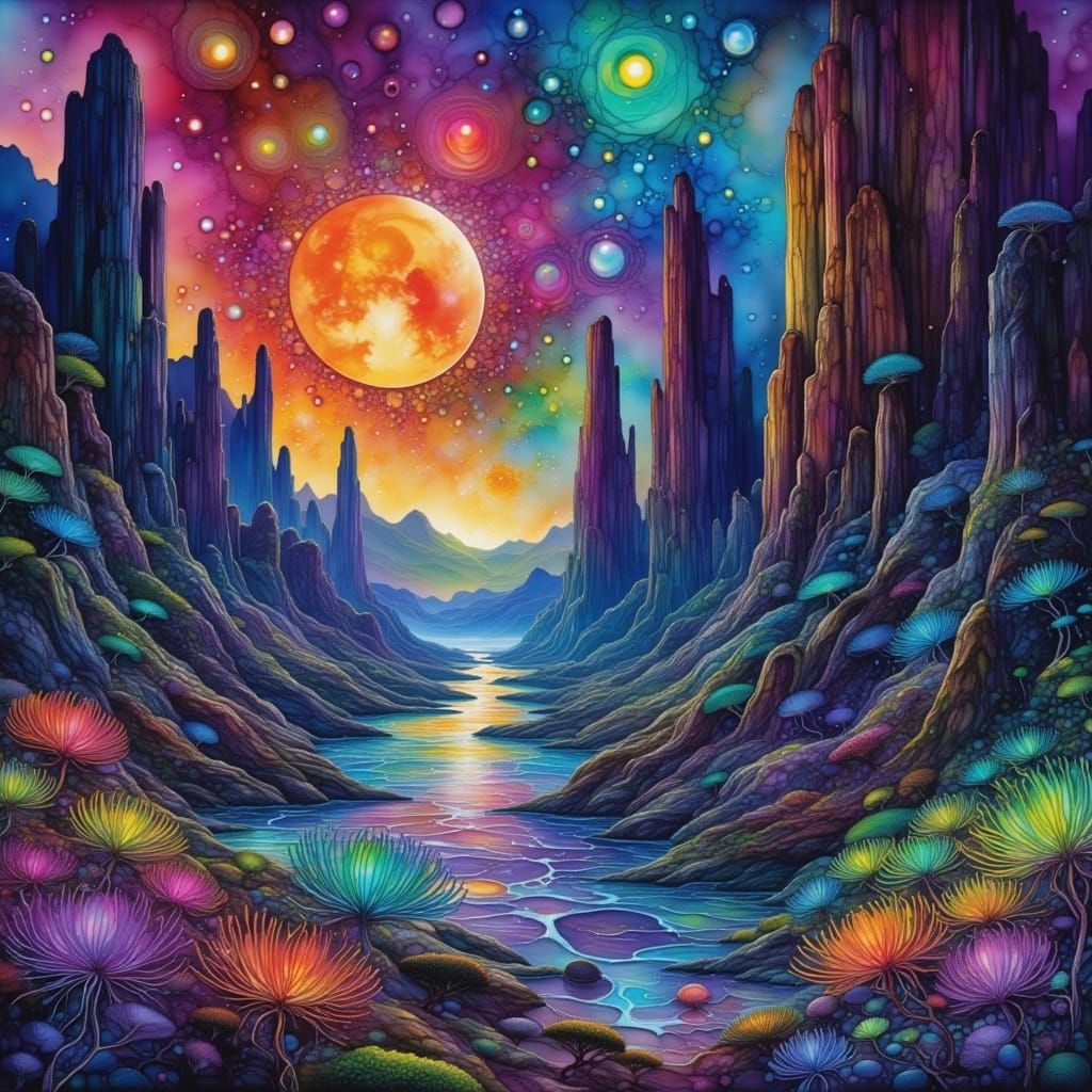 Surreal Alien Landscape with Bioluminescent Flora