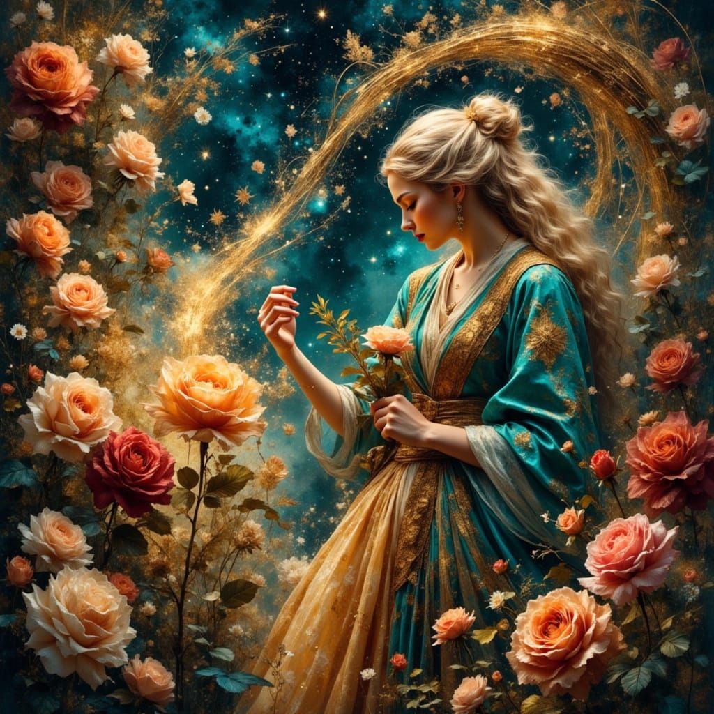 Celestial Gardener Tending to Stardust Roses in a Baroque Fa...