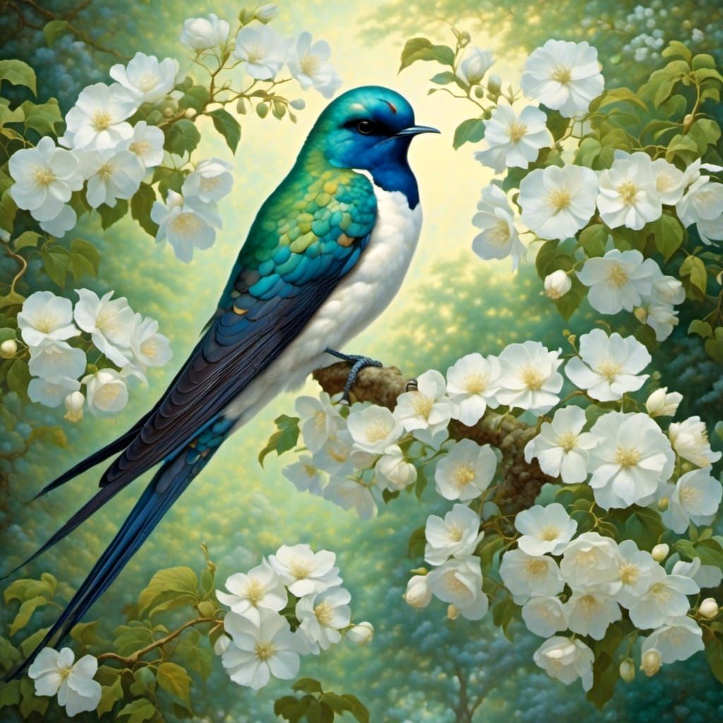 Swallow-Tailed Bird in Dreamlike Midnight Garden