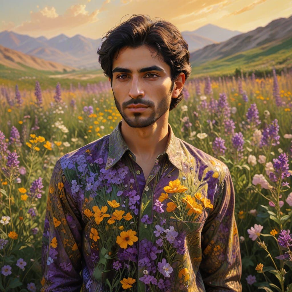 Iranian Man in Field of Flowers: Oil Painting