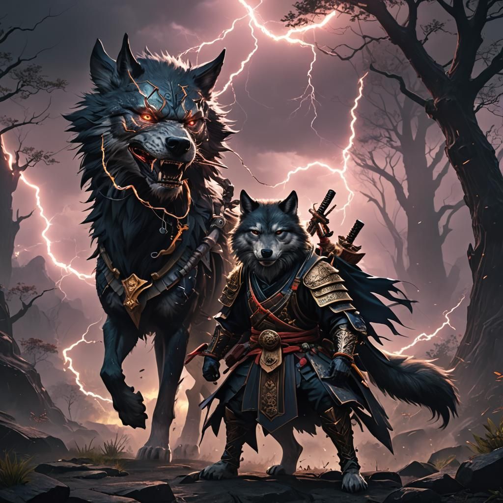 Dark Fantasy Samurai with Lightning Aura and Wolf