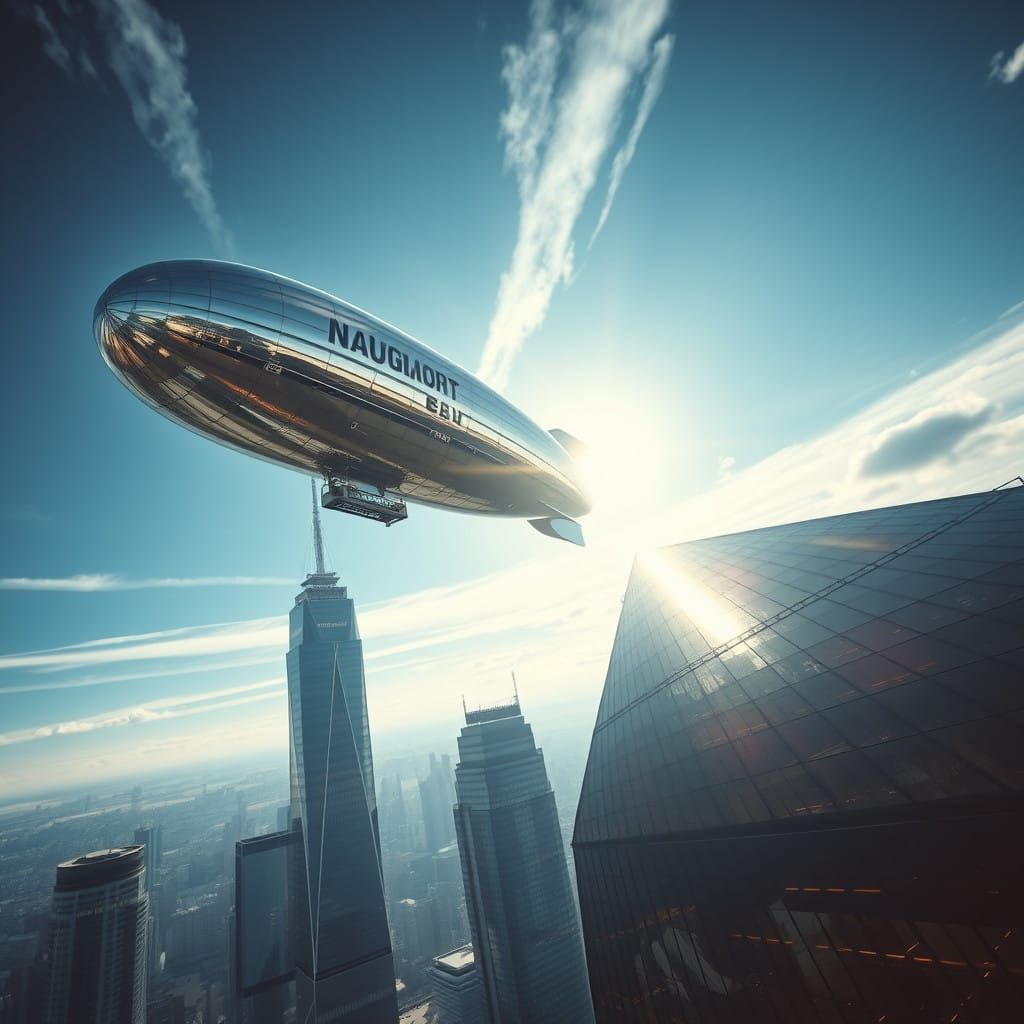 Majestic Metallic Zeppelin Collides with Futuristic Skyscrap...