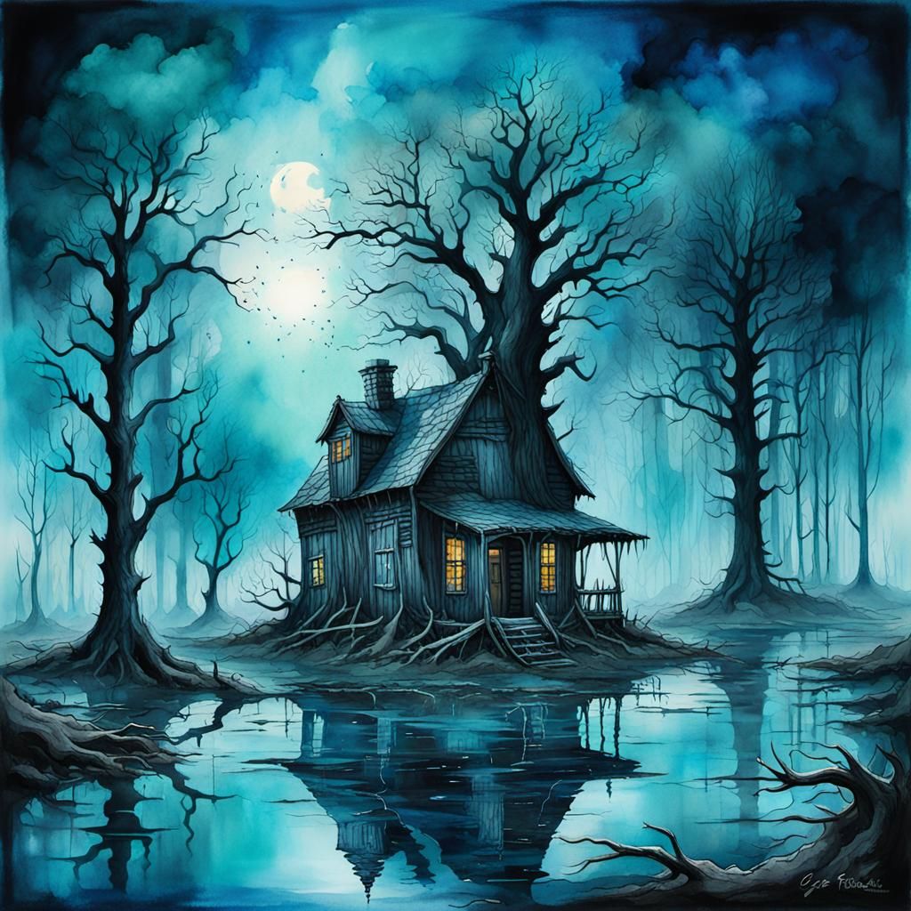Shades of blue! Flooded Field.  Pagan house, dead trees. High res.  Watercolor and alcohol ink. Mystical. Splash art. si...