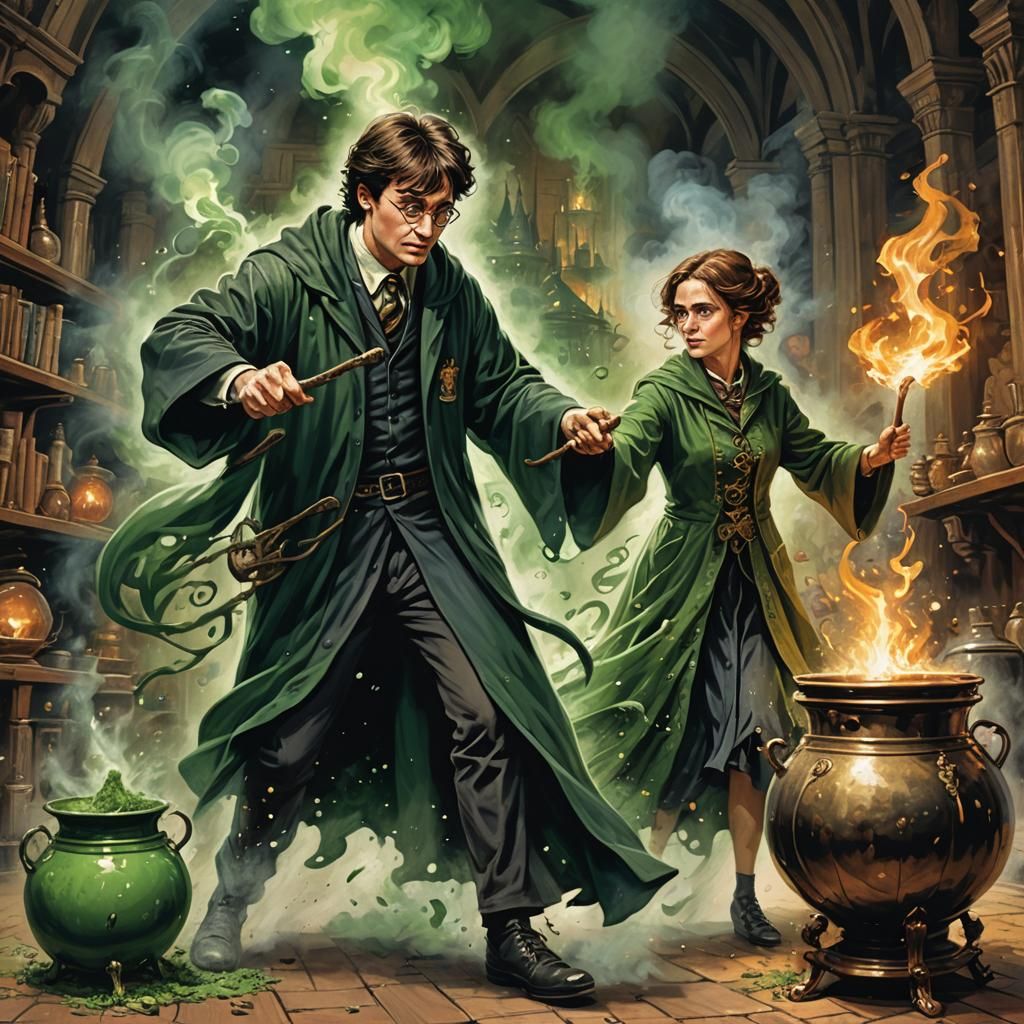Harry Potter Fighting a Witch Stirring Cauldron