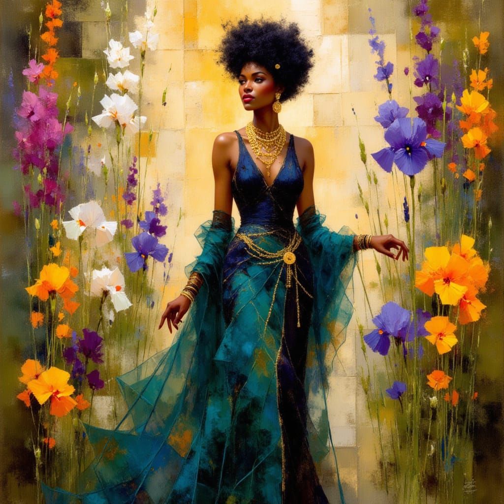 Elegant Woman in Art Nouveau Garden, Alphonse Mucha Style