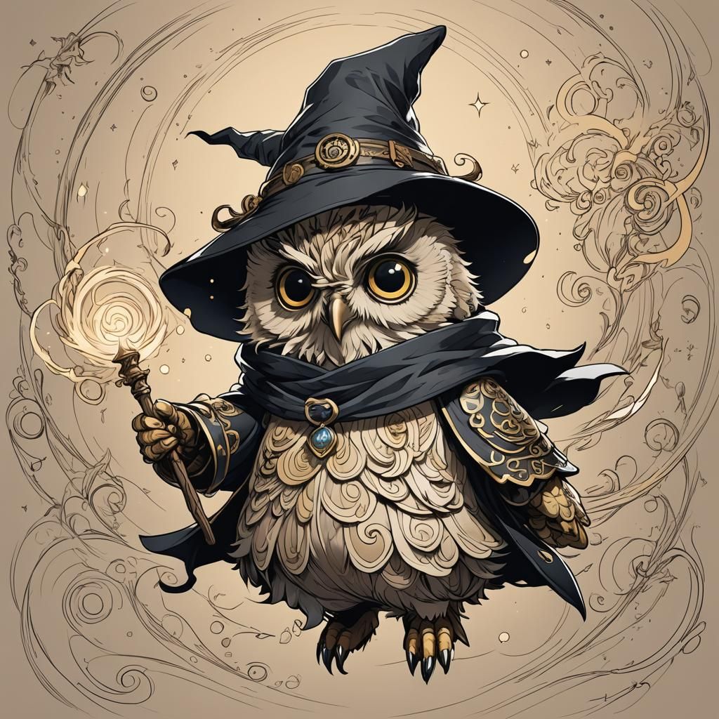Cute Owl Wizard Casting a Wind Spell